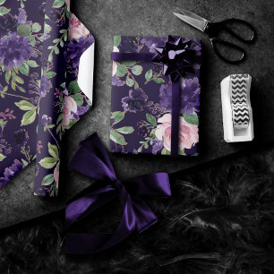 Lush Blossom   Dark Purple and Pink Rose Pattern Wrapping Paper