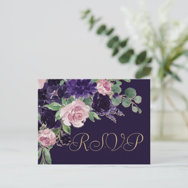 Lush Blossom | Purple and Pink Rose Entree RSVP Postcard (Standing Front)