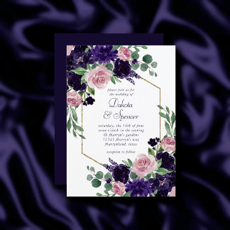 Lush Blossoms | Pink and Purple Bouquet Gold Frame Invitation