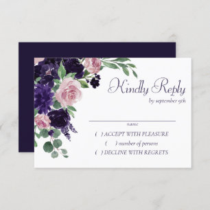 Lush Blossoms   Pink and Purple Bouquet Gold Frame RSVP Card