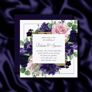 Lush Blossoms   Pink and Purple Floral Gold Wreath Invitation