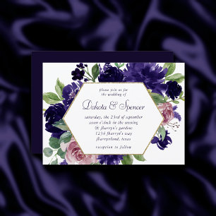 Lush Blossoms Pink and Purple Wreath Gold Frame Invitation