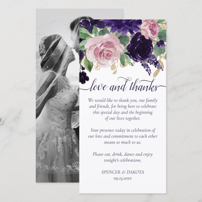 Lush Blossoms | Purple and Pink Rose Floral Photo Thank You Card (Front/Back)
