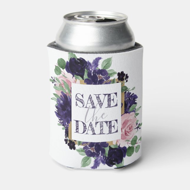 Lush Blossoms | Purple and Pink Rose Save the Date Can Cooler (Can Back)
