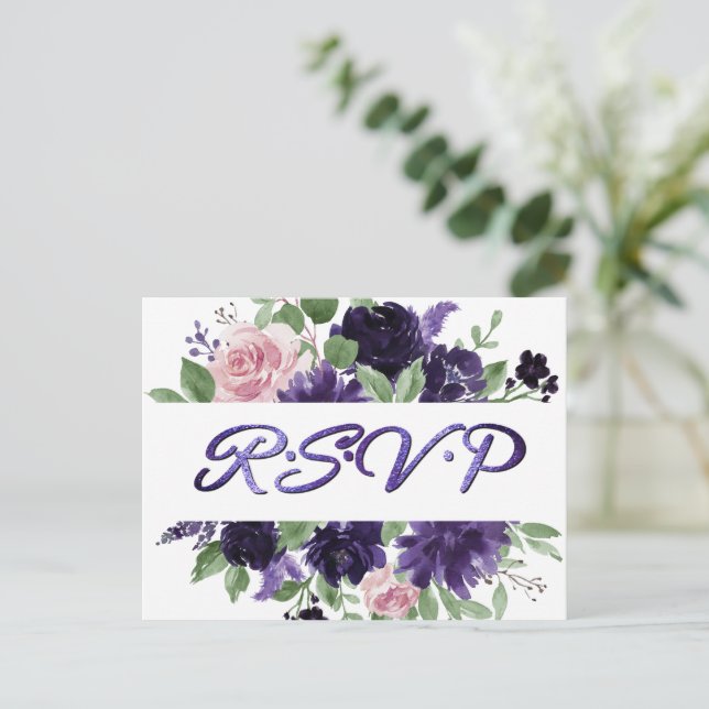 Lush Blossoms | Purple and Pink Roses RSVP Entree Postcard (Standing Front)