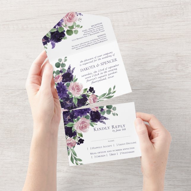Lush Blossoms | Purple Pink Floral Wedding Entree All In One Invitation (Tearaway)