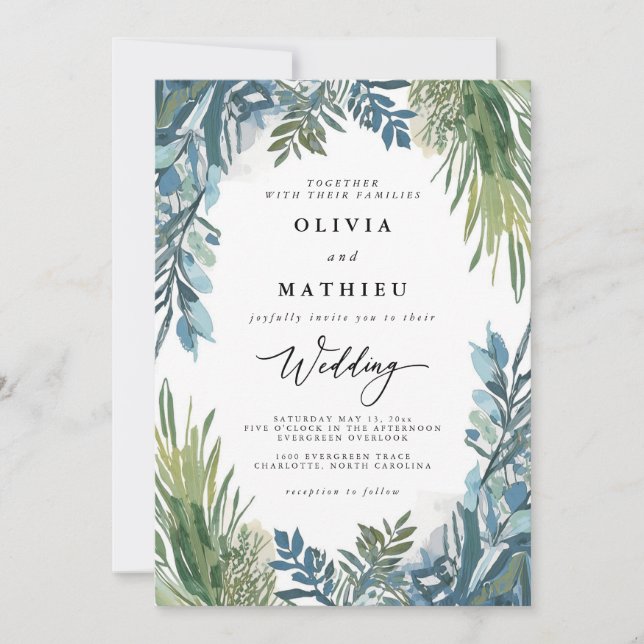 Lush Blue Botanical Frame Wedding Invitation (Front)