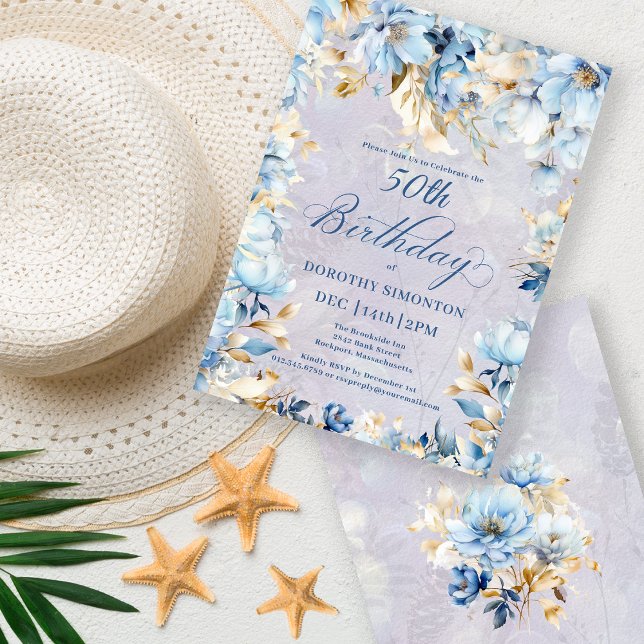 Lush Blue White Watercolor Floral 50th Birthday Invitation (Creator Uploaded)