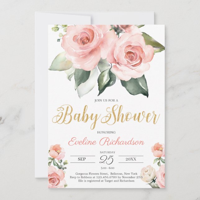 Lush blush boho floral and gold baby shower invitation (Front)