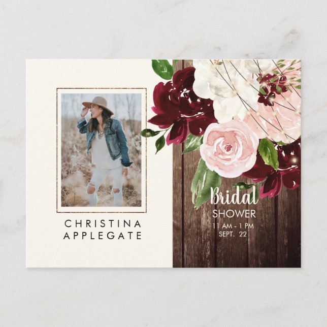 Lush Blush & Burgundy Photo Bridal Shower Postcard (Front)