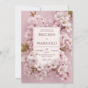 Lush Blush Pink Cherry Blossom Gold Frame Wedding Invitation