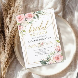 Lush blush pink floral gold frame bridal brunch invitation