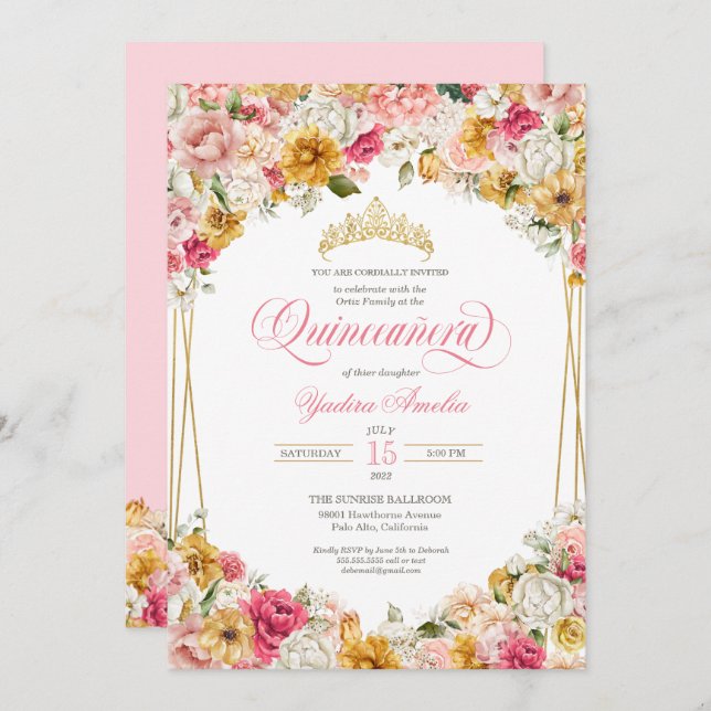 Lush Blush Pink Yellow Floral Elegant Quinceanera  Invitation (Front/Back)