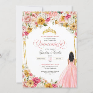 Lush Blush Pink Yellow Floral & Gown Quinceanera Invitation