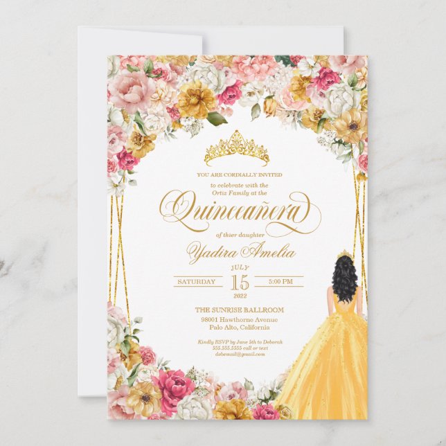 Lush Blush Pink Yellow Flowers & Gown Quinceanera Invitation (Front)