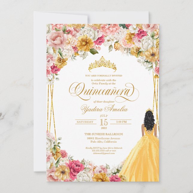Lush Blush Pink Yellow Gold Floral Quinceanera Invitation (Front)