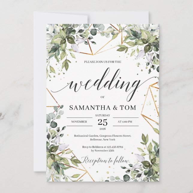 Lush boho greenery foliage eucalyptus gold wedding invitation (Front)