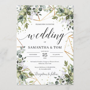 Lush boho greenery foliage eucalyptus gold wedding invitation