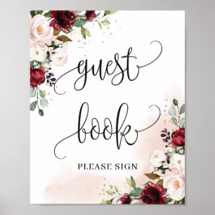 Lush burgundy blush pink floral guest book sign