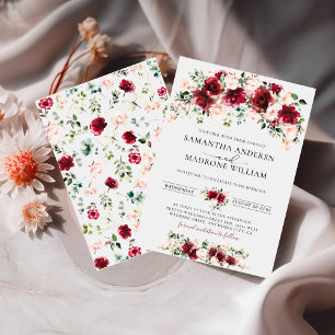 Lush Burgundy Blush Roses Floral Boho Wedding Invitation