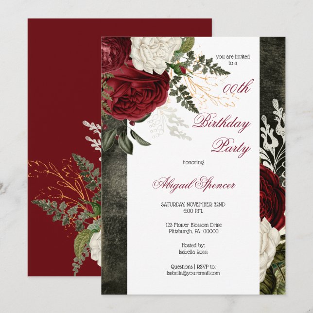 Lush Burgundy Floral Adult Birthday Party Invitation (Front/Back)