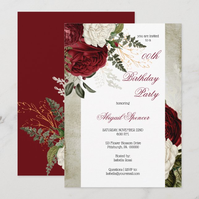 Lush Burgundy Floral Adult Birthday Party Invitation (Front/Back)