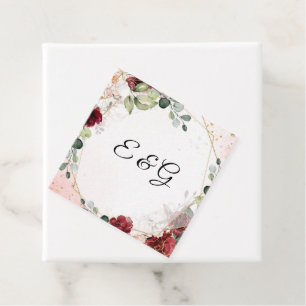 Lush burgundy floral gold frame boho wedding favour tags