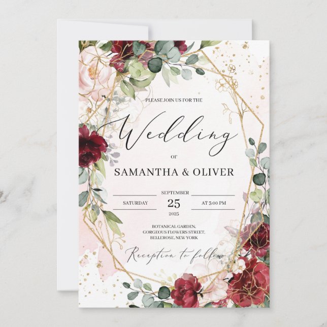 Lush burgundy floral gold geometric boho wedding invitation (Front)