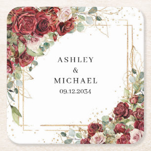 Lush burgundy floral gold geometric boho wedding  square paper coaster