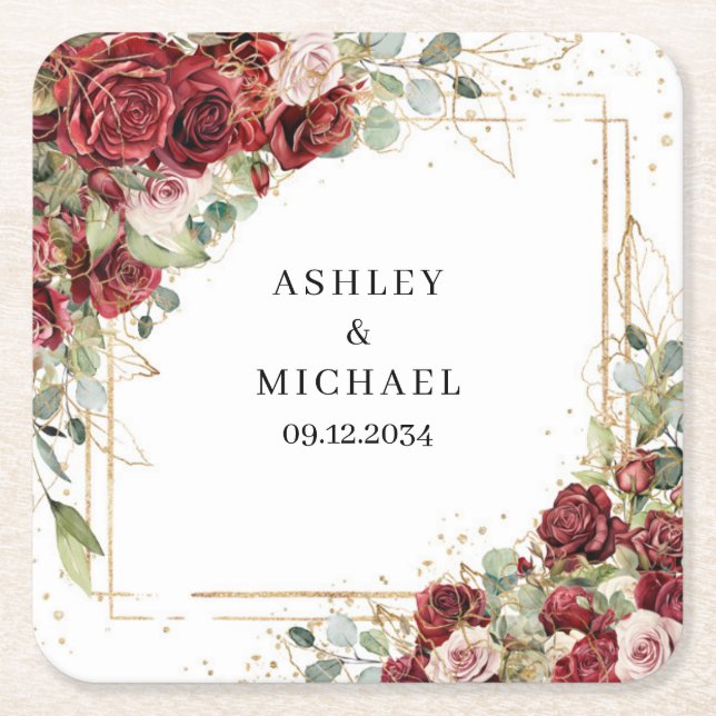Lush burgundy floral gold geometric boho wedding  square paper coaster (Front)
