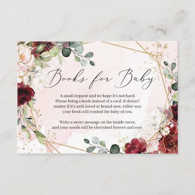 Lush burgundy floral gold geometric Books for baby Enclosure Card (Front)