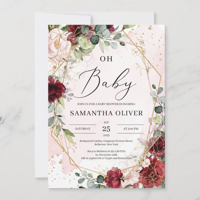 Lush burgundy floral gold geometric oh baby shower invitation (Front)