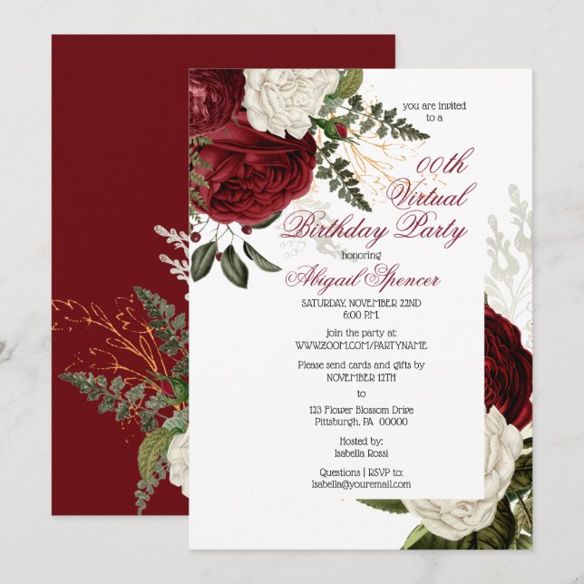 Lush Burgundy Floral Virtual Birthday Party Invitation (Front/Back)