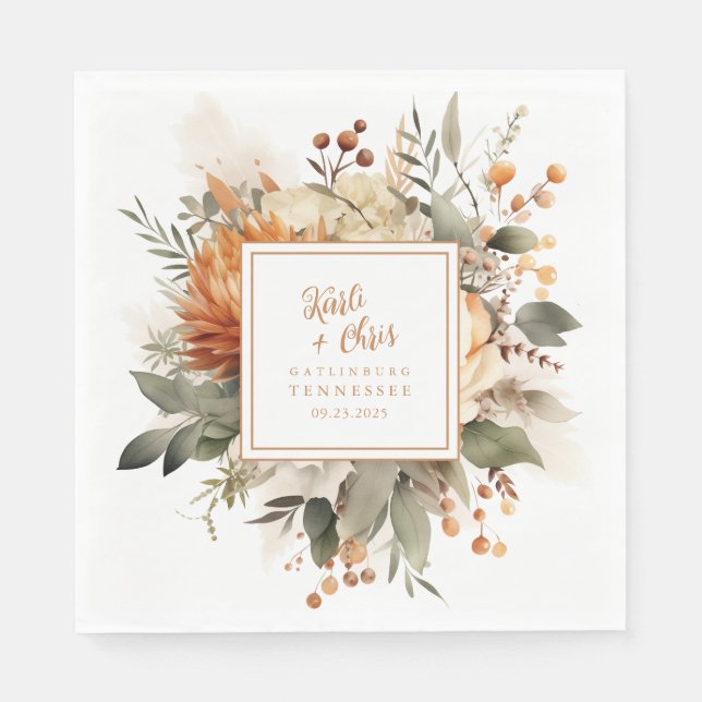 Lush Burnt Orange Fall Floral & Greenery Paper Napkin (Front)