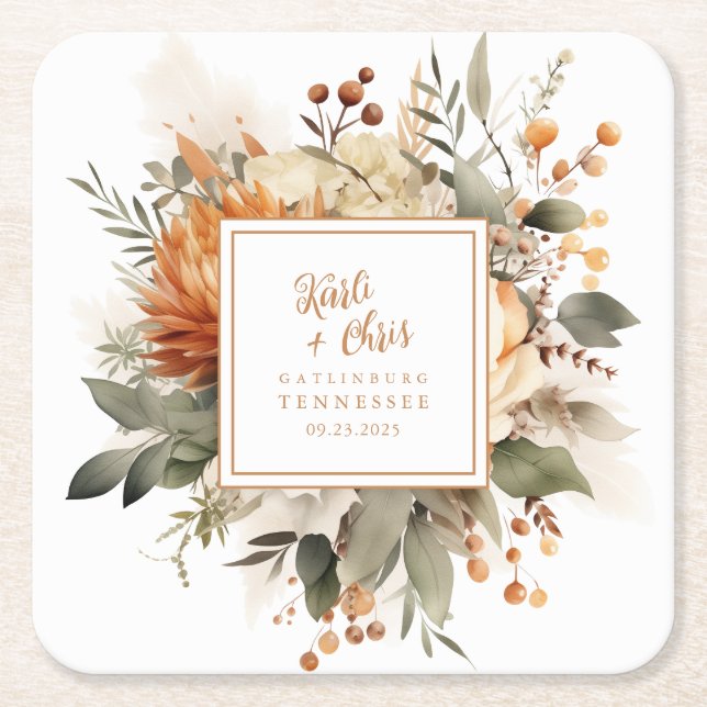 Lush Burnt Orange Fall Floral & Greenery Square Paper Coaster (Front)