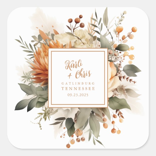 Lush Burnt Orange Fall Floral & Greenery Square Sticker (Front)