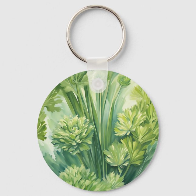 Lush Celery Green Botanical Pattern Key Ring (Front)