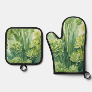 Lush Celery Green Botanical Pattern Oven Mitt & Pot Holder Set