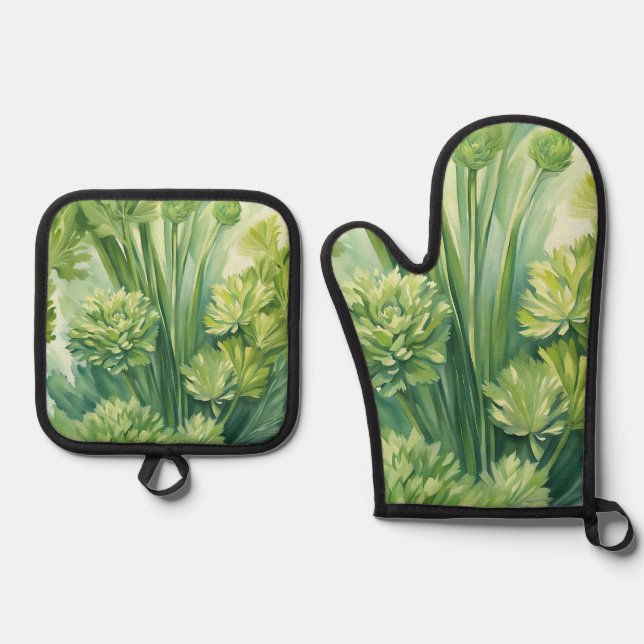 Lush Celery Green Botanical Pattern Oven Mitt & Pot Holder Set (Front)