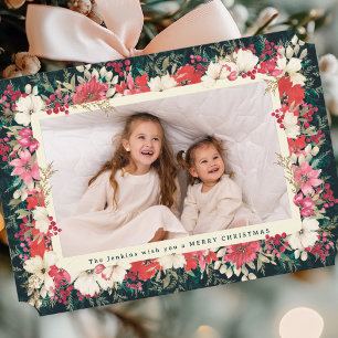 lush classic floral christmas botanical scalloped holiday card