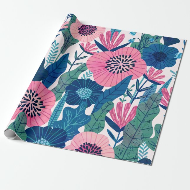 Lush colourful tropical flowers pattern wrapping paper (Unrolled)
