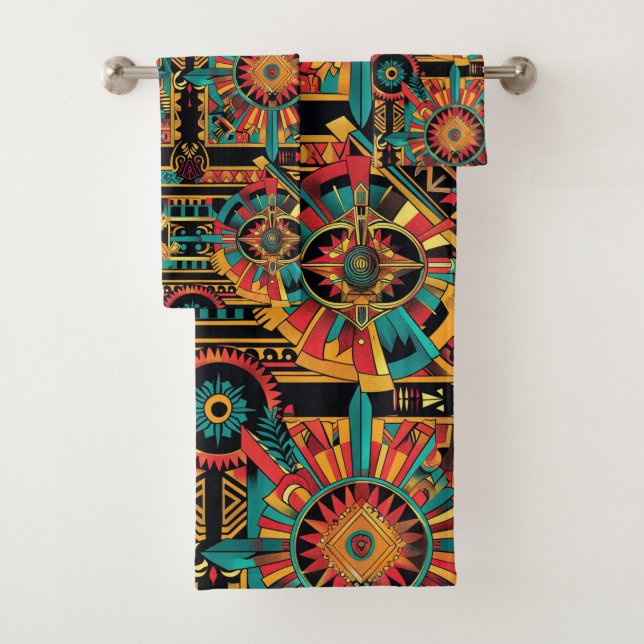 Lush Cyan "Aztec Dream" Plush Bath Towel Set (Insitu)