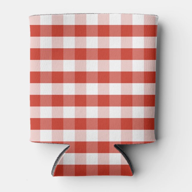Lush Dahlia Red & White Gingham Check Plaid Can Cooler (Front)