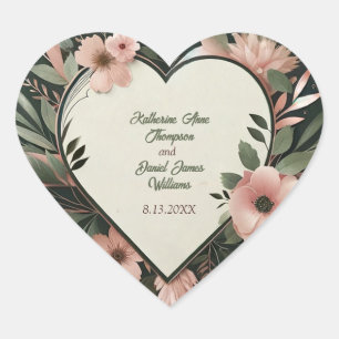 Lush Dark Green and Blush Pink Floral Wedding Heart Sticker