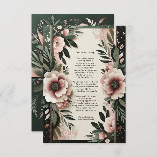 Lush Dark Green and Blush Pink Floral Wedding Thank You Card (Front/Back)