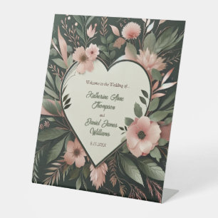 Lush Dark Green and Blush Pink Heart Wedding Pedestal Sign