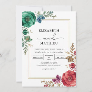 Lush Emerald & Burgundy Botanical Floral Wedding Invitation