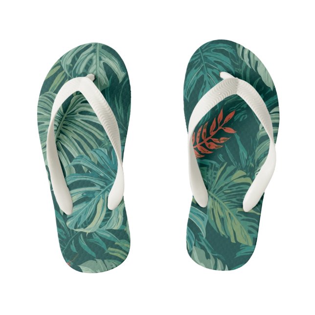 Lush Emerald Jungle Print Kid's Flip Flops (Footbed)