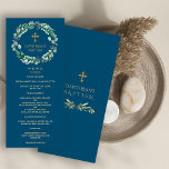 Lush Eucalyptus Greenery Wreath Gold Boy Baptism Menu<br><div class="desc">Lush Eucalyptus Greenery Wreath Gold Cross Baptism. This design features faux gold cross, chic Eucalyptus greenery foliage wreath, on ocean blue background, and modern fonts. Use Personalise tool to add your info and it's easy to replace this photo with yours. For matching items, please, visit my New Baptism Christening Celebration...</div>