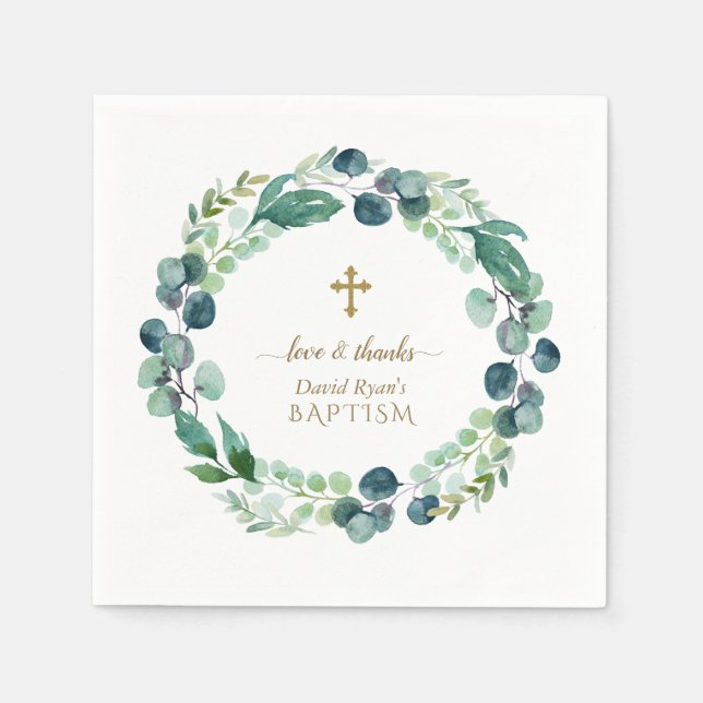 Lush Eucalyptus Greenery Wreath Gold Cross Baptism Napkin (Front)